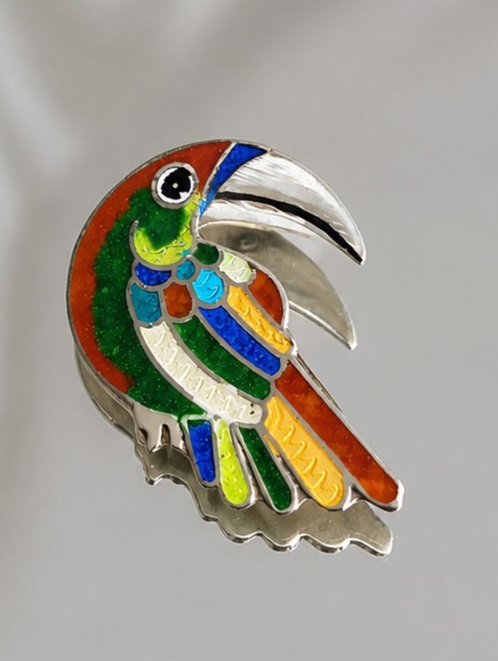 Vintage Taxco 925 Silver Champleve Enamel Toucan Brooch Jeronimo Fuentes TF-32